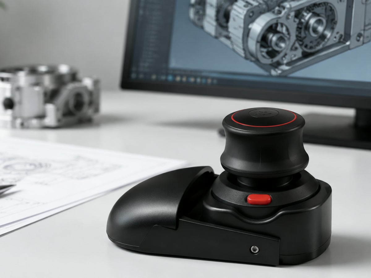 Wireless 3D CAD Mouse beside a CAD engineering workstation