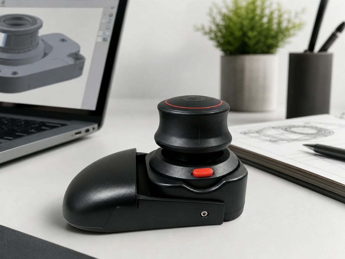 Wireless 3D CAD Mouse beside a laptop on a compact desk