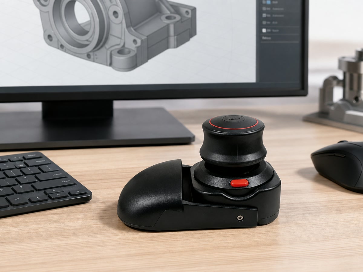 Wireless 3D CAD Mouse on a clean workstation desk