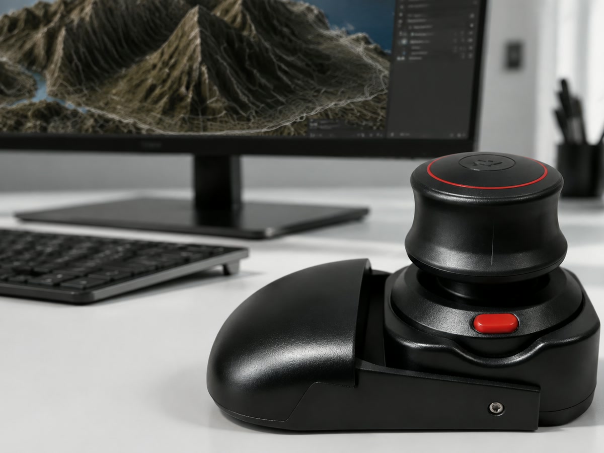 Wireless 3D CAD Mouse beside a spatial map navigation screen