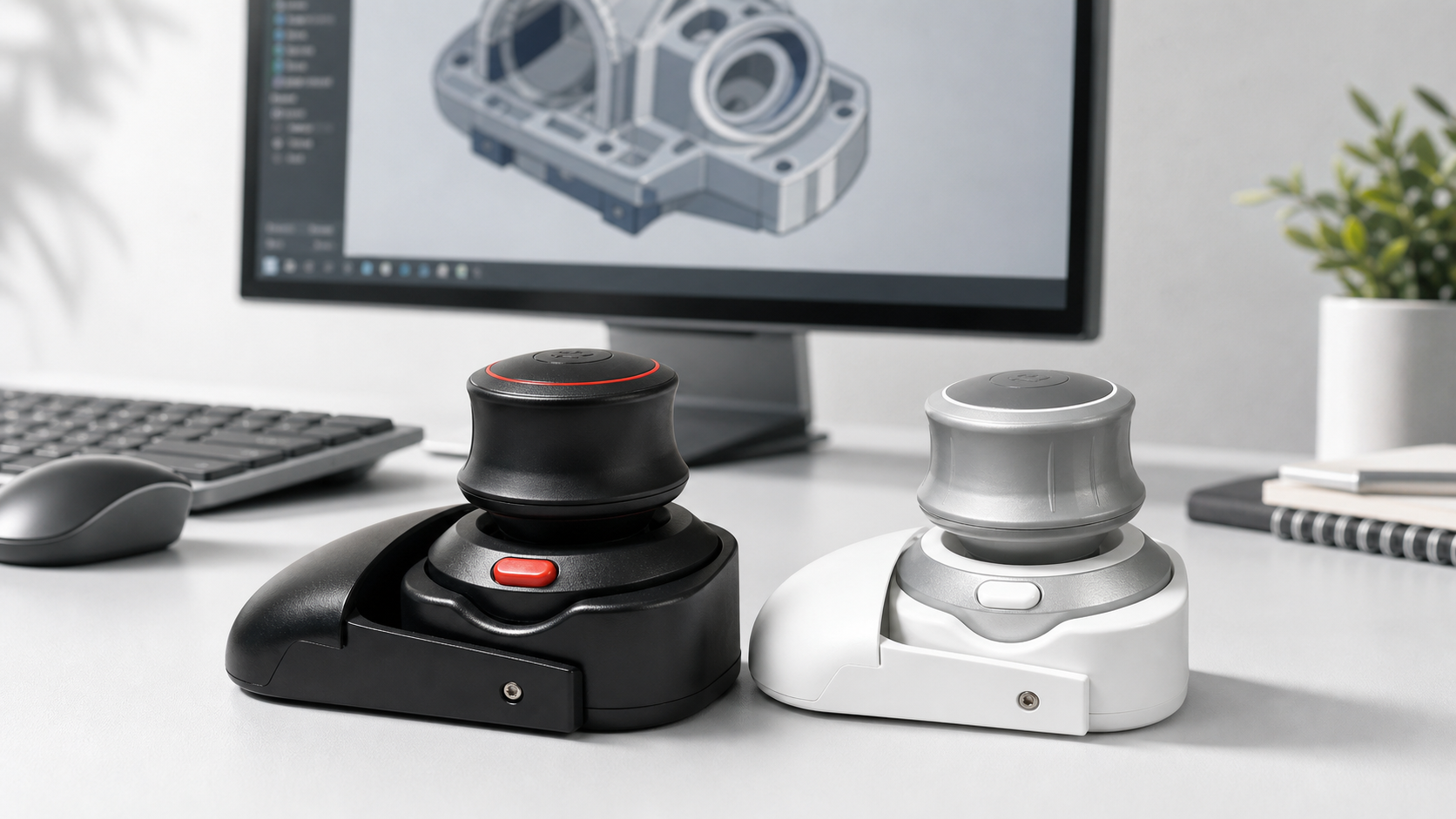 Wireless 3D CAD Mouse in black and red and black and white on a CAD workstation